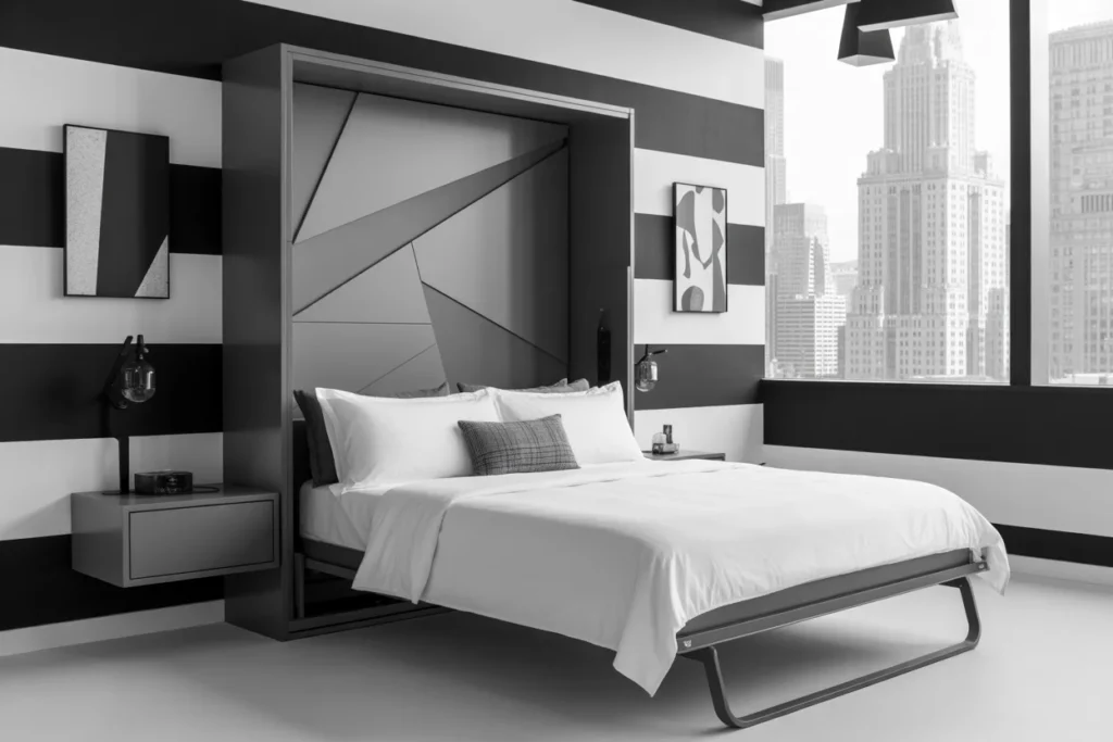 Black and white Murphy bed bedroom