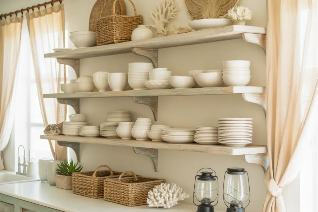 Coastal Kitchen Open Shelving Design