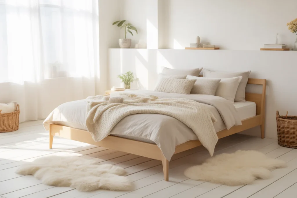 Nordic bedroom with white walls, light wood furniture