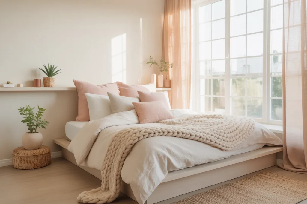 Bright small bedroom, pastel decor, minimalist style