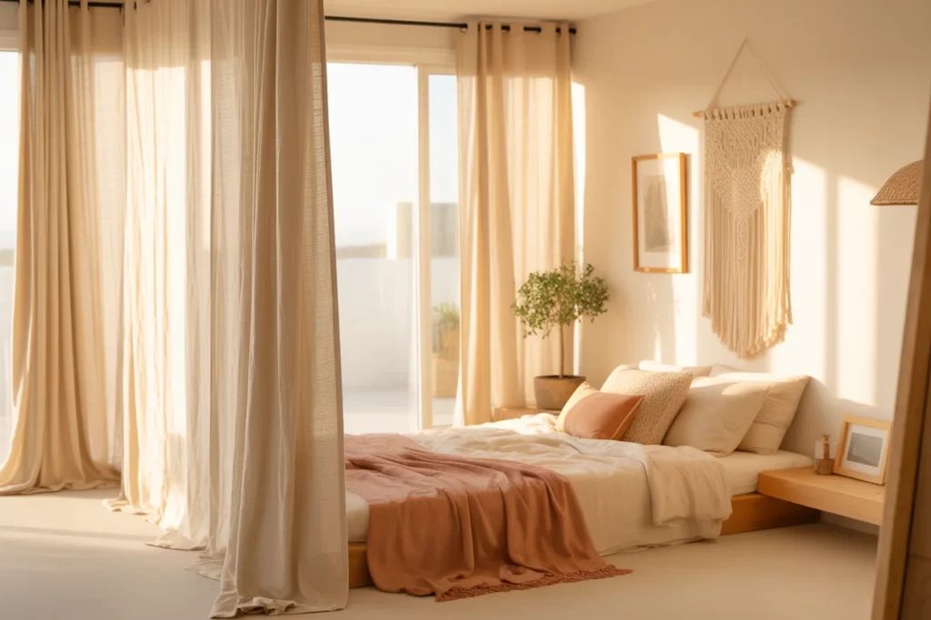 Image Prompt: Small bedroom beige curtains, airy natural light, boho modern decor, cozy minimalist interior.