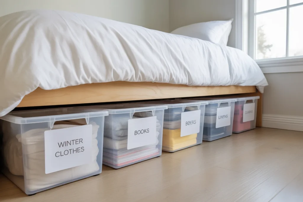 Clear storage bins under bed