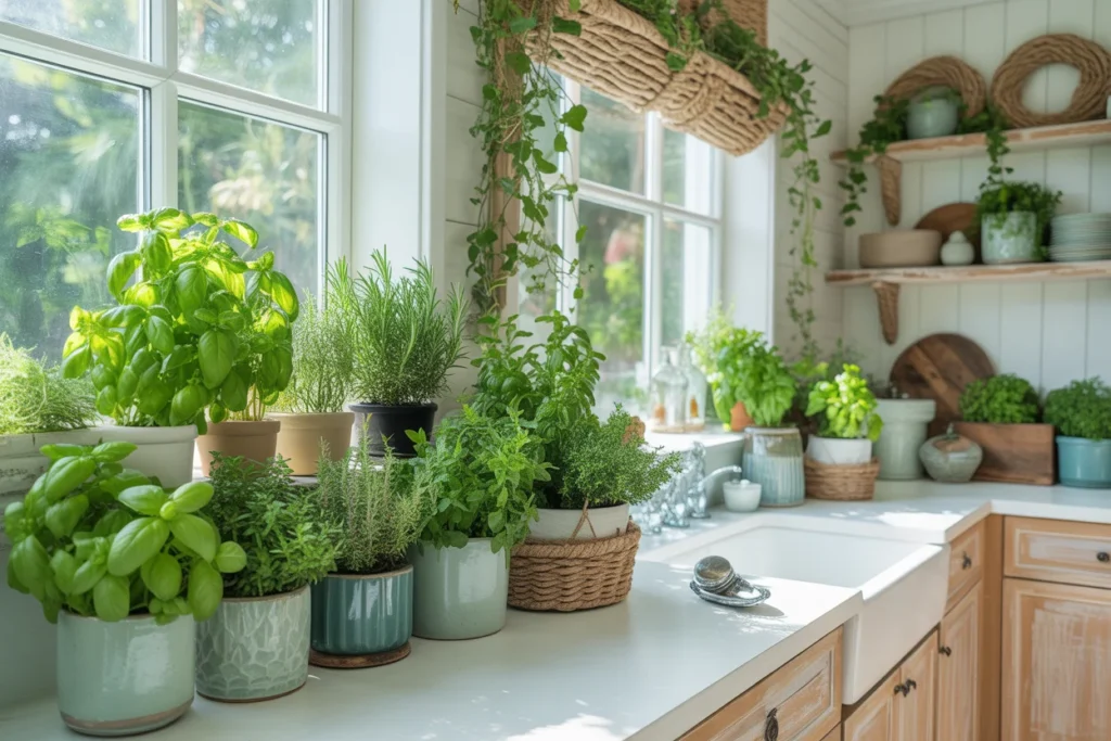 Coastal Kitchen Green Plant Decor Style