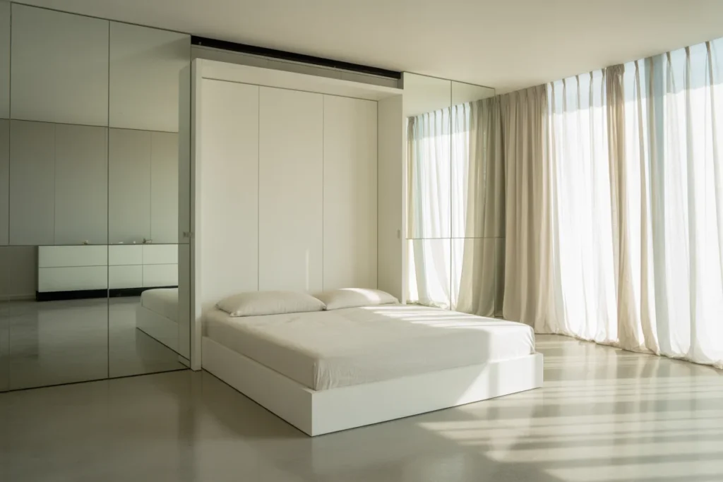 Bright minimalist bedroom with Murphy bed