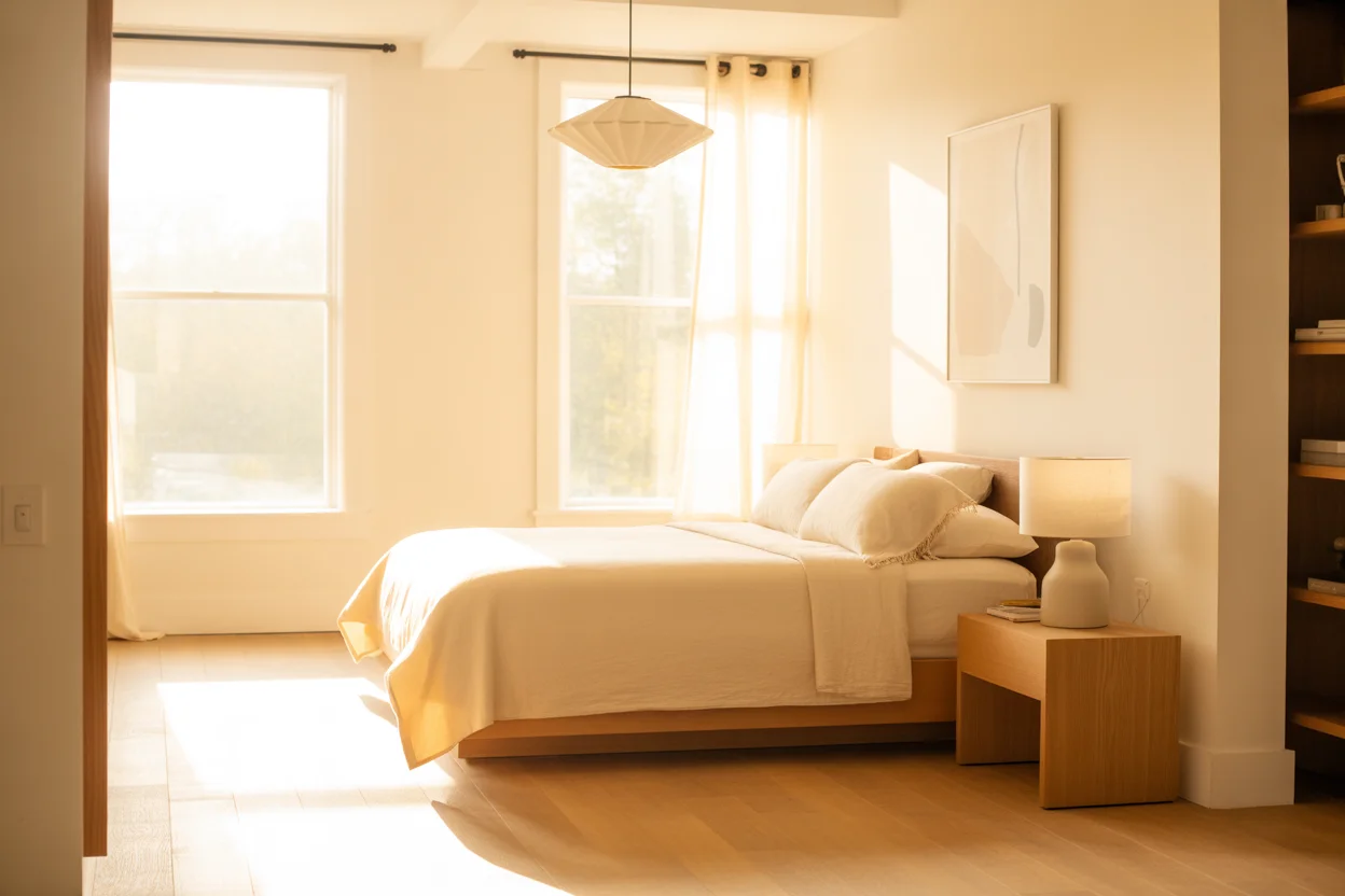 Bright white minimal bedroom with soft warm lighting
