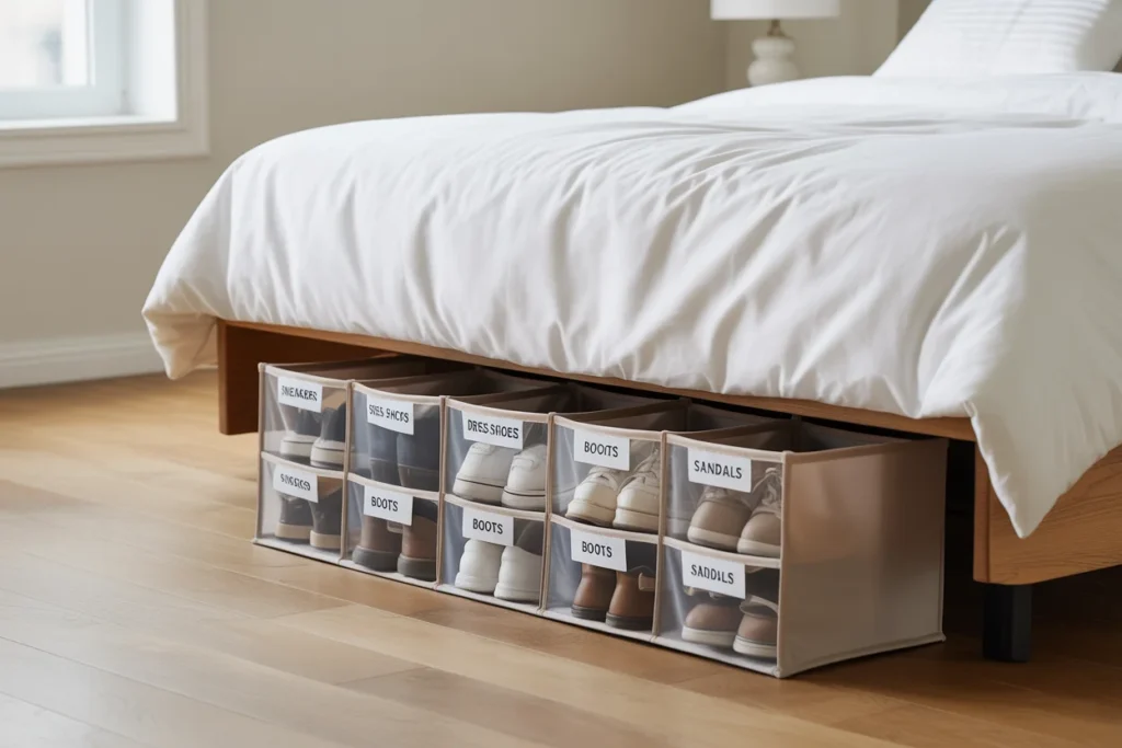 Under-bed shoe storage organizer, labeled compartments