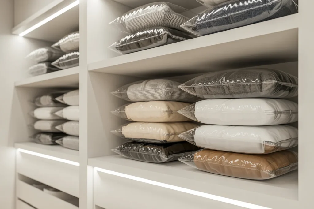 Vacuum sealed clothing bags stored neatly in closet