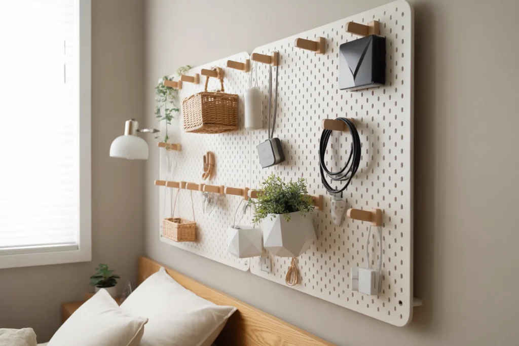 Pegboard wall with hanging accessories