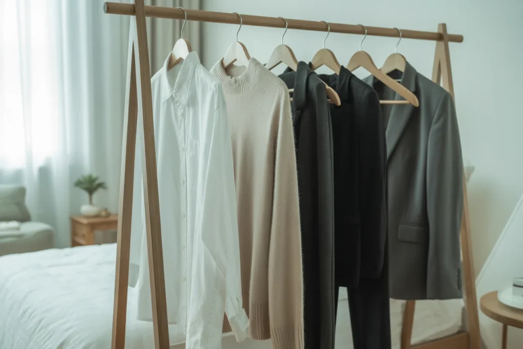 Outfit planning rack with clothes neatly arranged