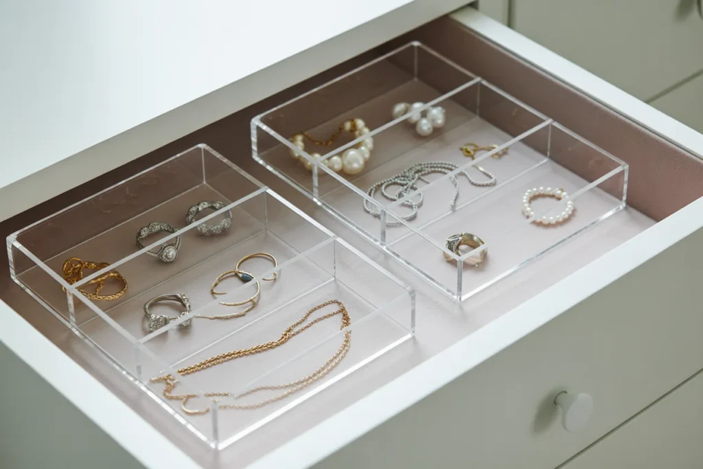 Acrylic drawer organizers with jewelry,