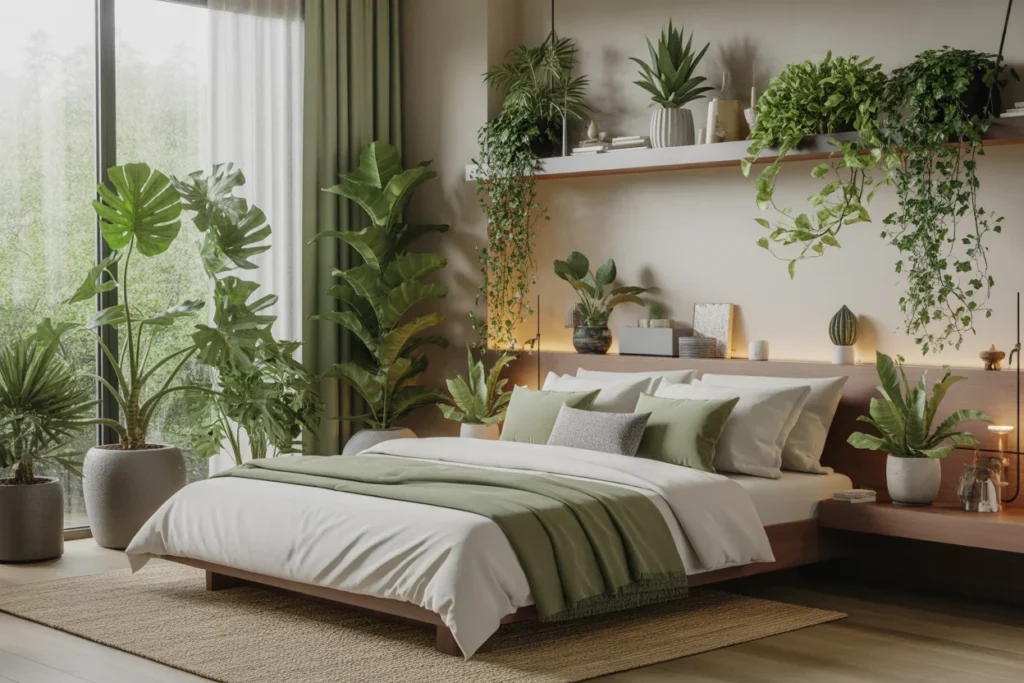 Modern Bedroom with Green Plant Decor