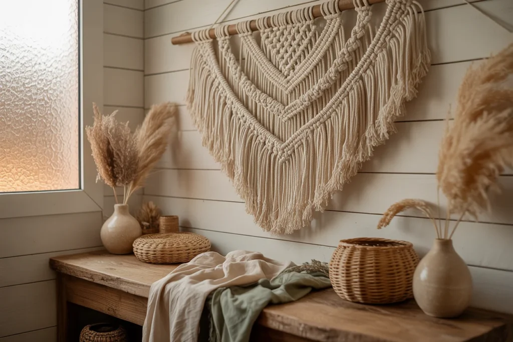 macrame bathroom decor, boho wall art