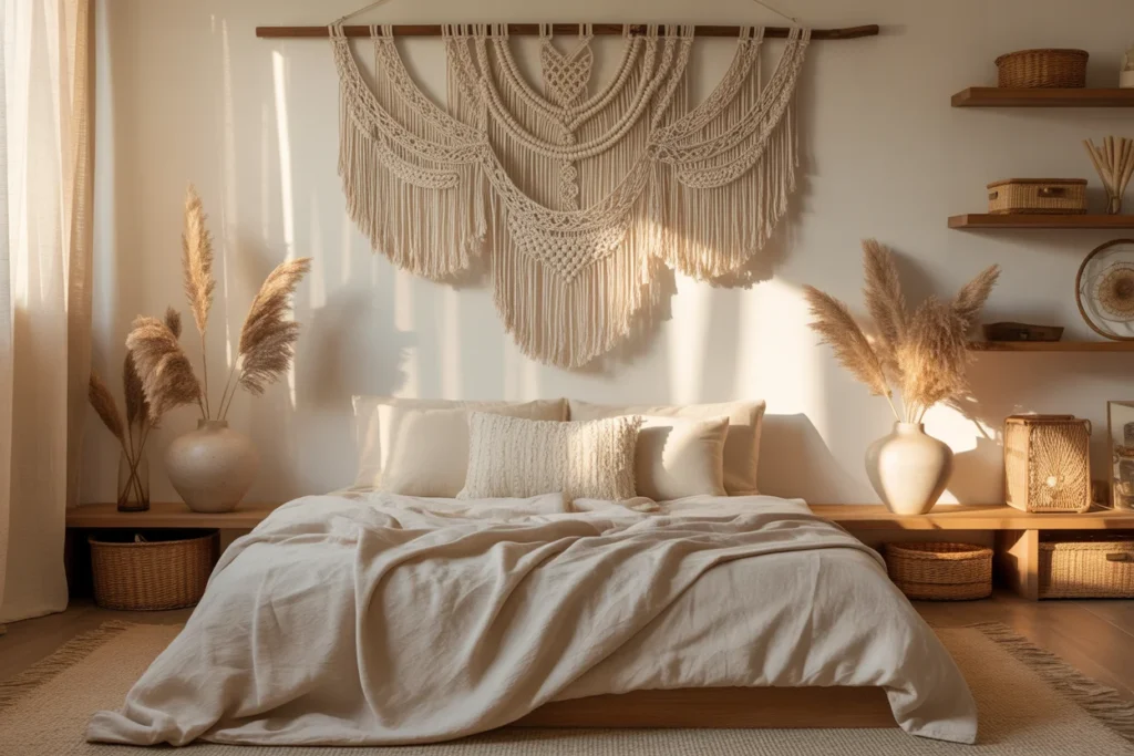 Boho bedroom macrame wall hanging, small space decor