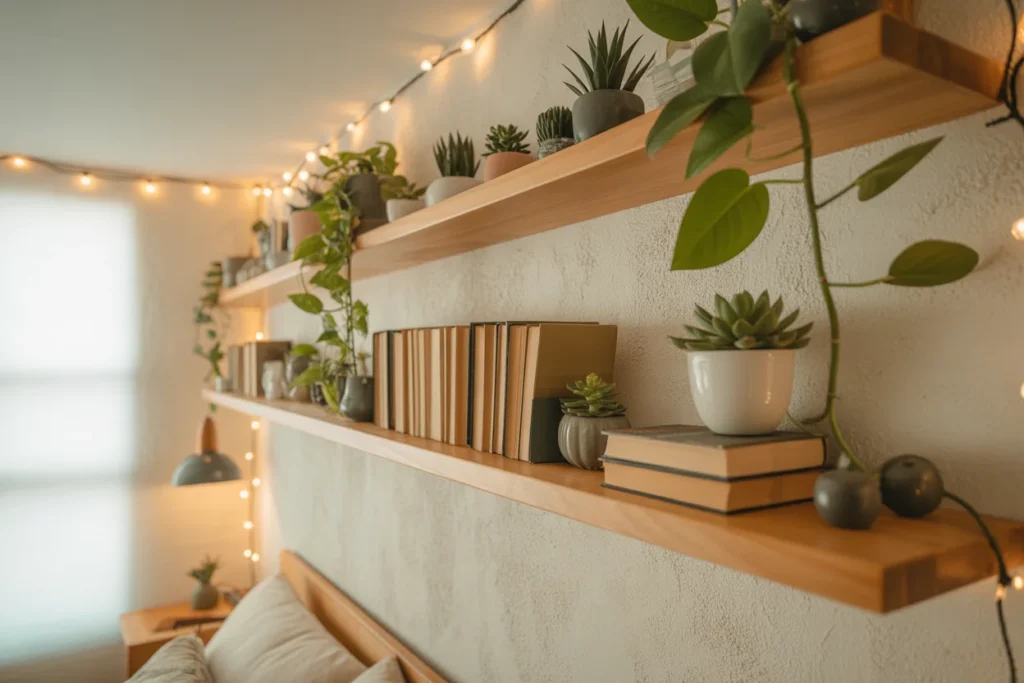 Small boho bedroom floating shelves, wooden minimalist decor