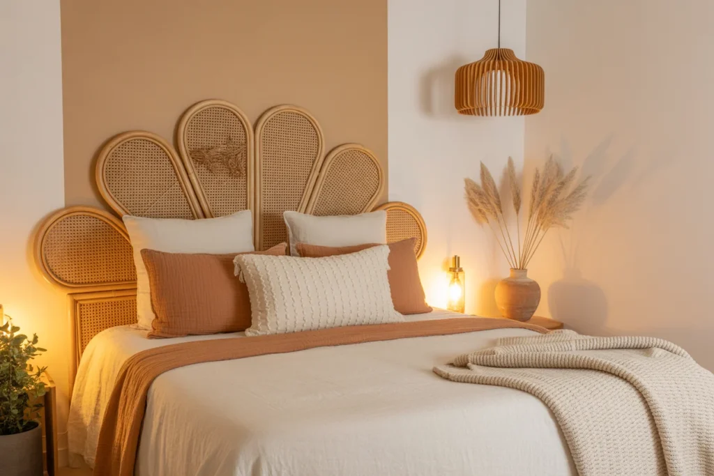 Small bedroom rattan headboard, boho modern style