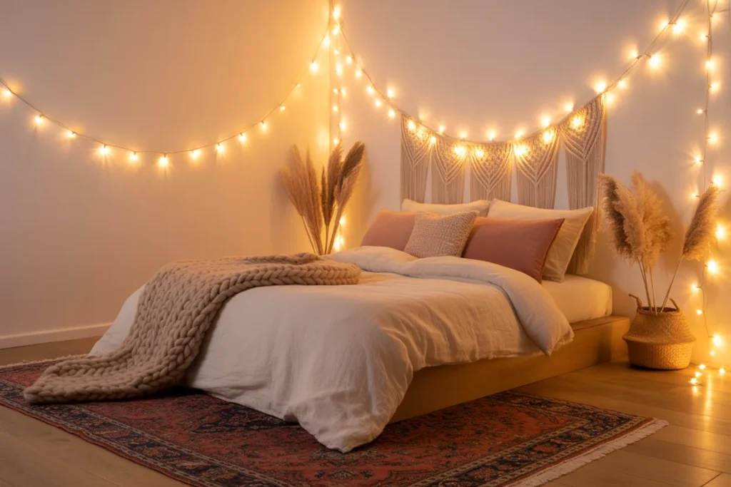 Small boho bedroom fairy lights, cozy warm glow, aesthetic modern decor