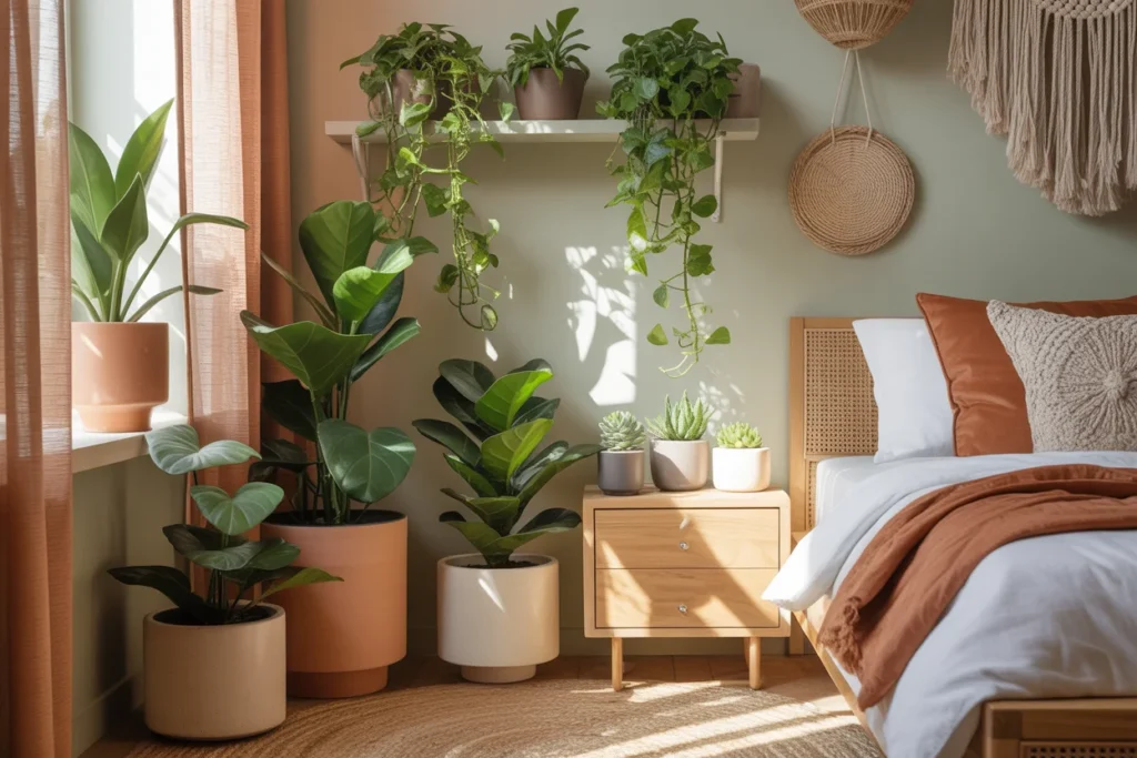 Small boho bedroom indoor plants, modern ceramic pots, natural light
