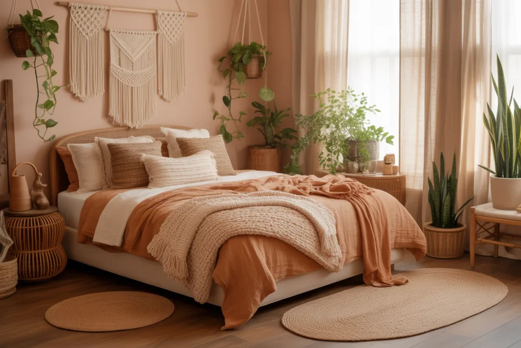  Boho bedroom with terracotta and beige tones