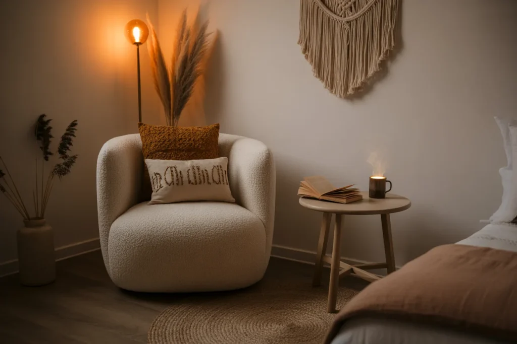 Small boho bedroom reading corner, cozy chair, warm lighting