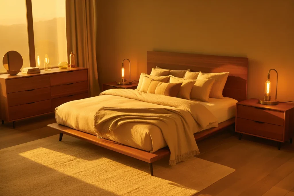 Amber toned bedroom with warm lighting, wooden furniture