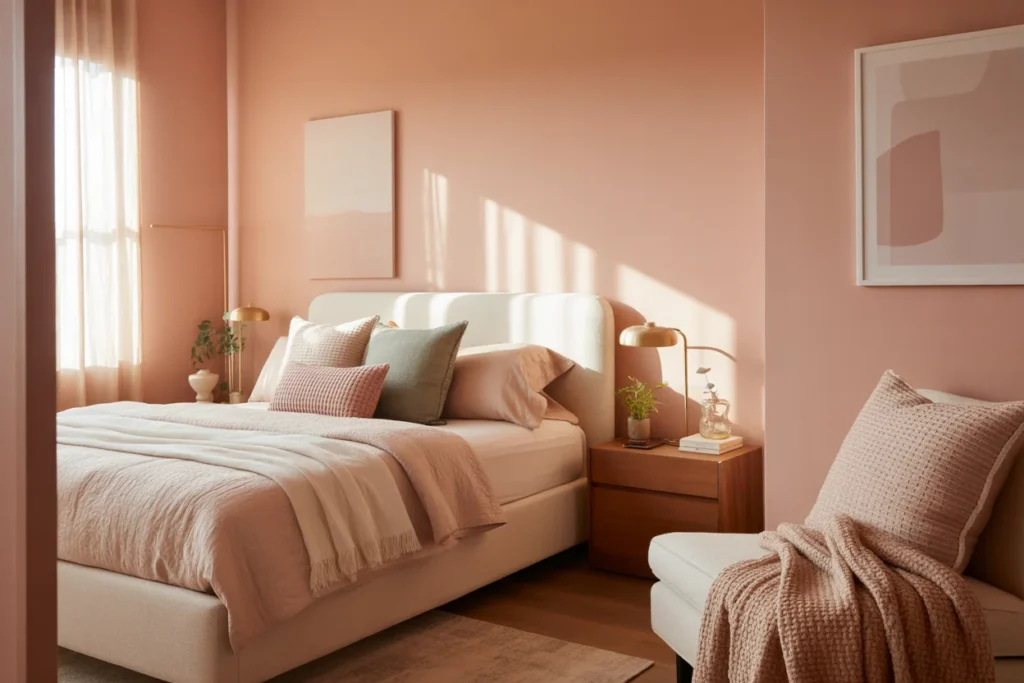 Blush bedroom with soft lighting, cozy modern USA