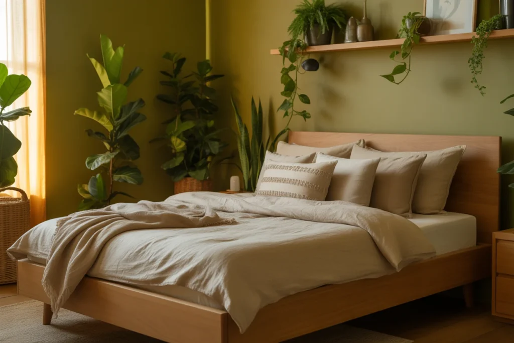 Olive green bedroom with plants, wooden bed