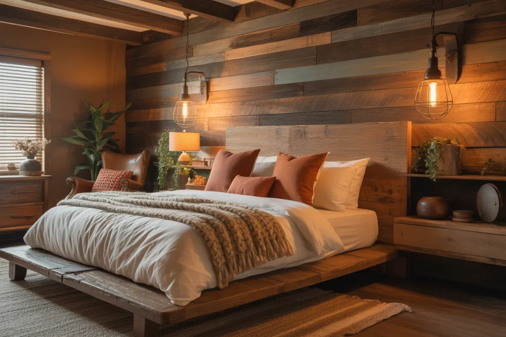 Black and white minimalist bedroom, modern furniture,