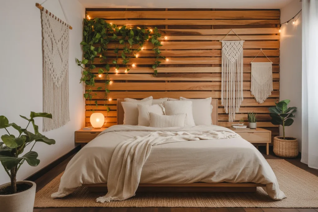 Small bedroom wooden slat wall, boho modern interior, cozy lighting