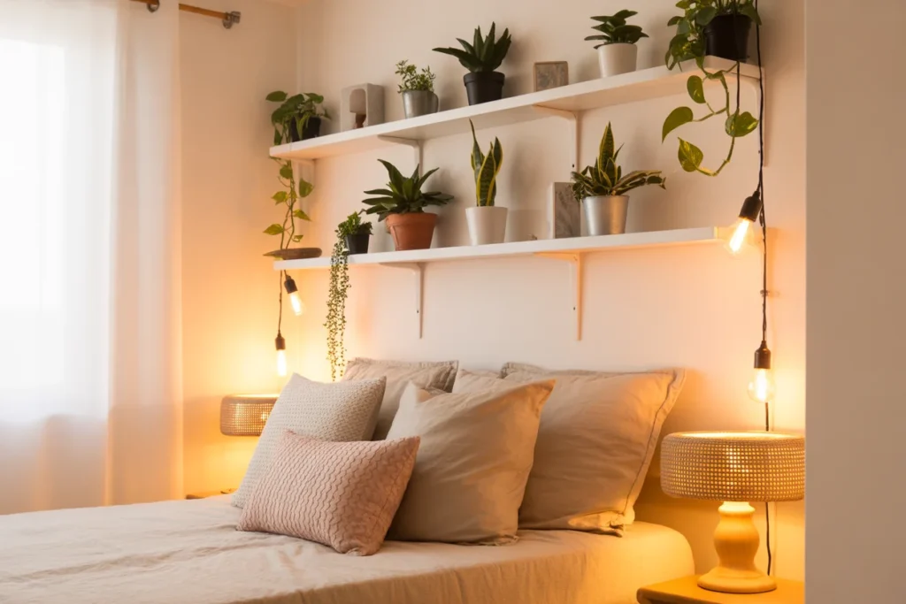 Cozy small bedroom with floating shelves