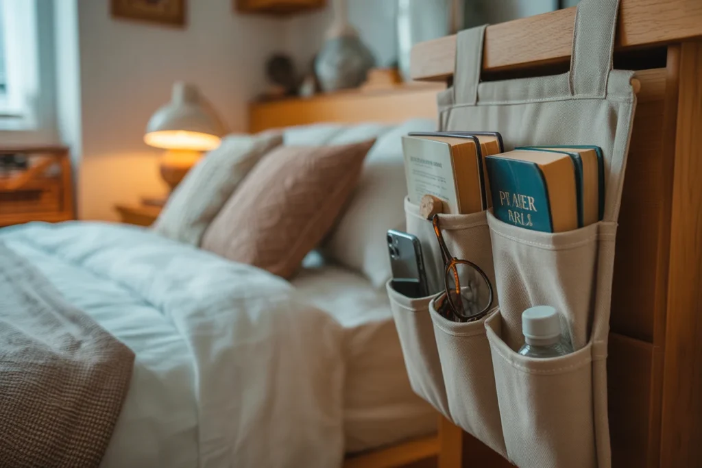  Bedside hanging organizer with books and phone