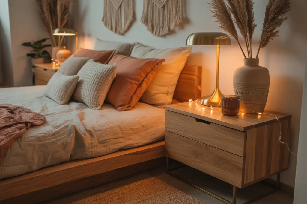 Small boho bedroom modern nightstands, wooden minimalist design