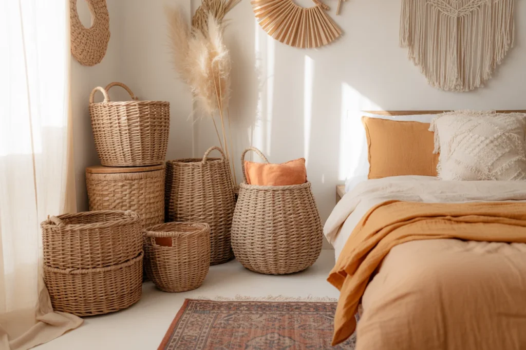 Small boho bedroom woven baskets, natural storage solution