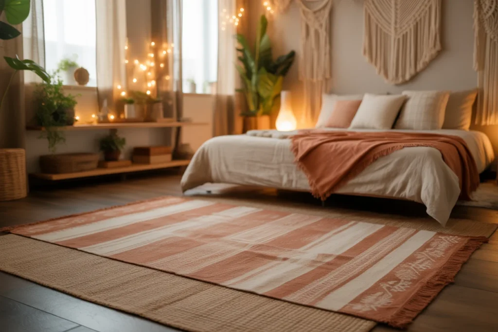 Small boho bedroom layered rugs, jute rug with patterned overlay