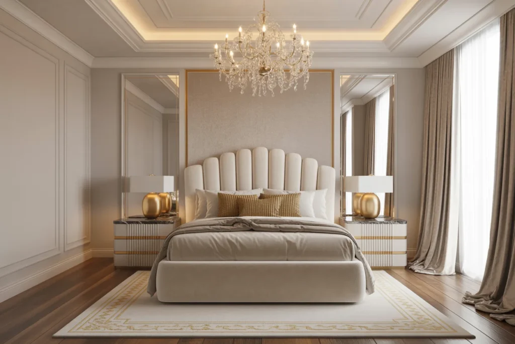  Luxury bedroom with gold and cream tones