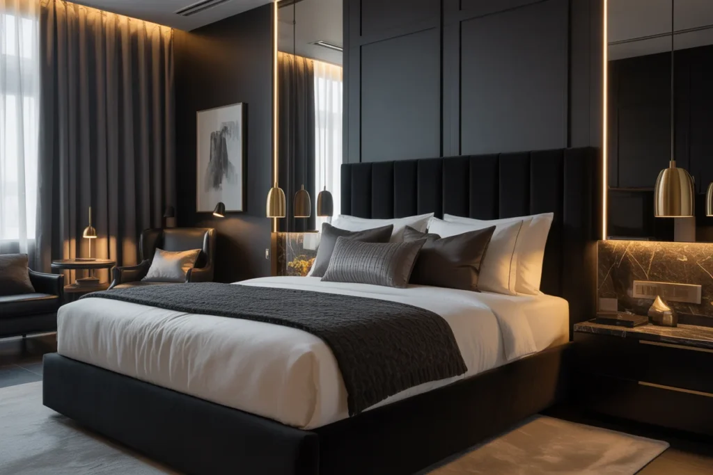 Dark moody black bedroom with soft lighting, luxury textures