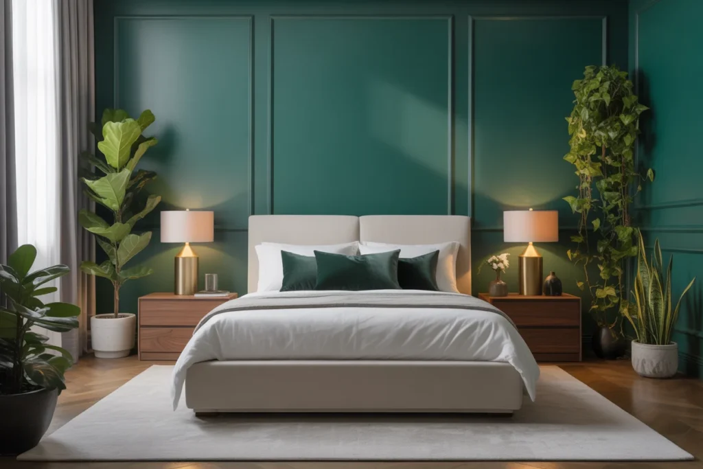 Jade green bedroom with plants, luxury modern USA interior