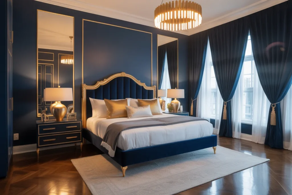 Navy blue bedroom with gold accents