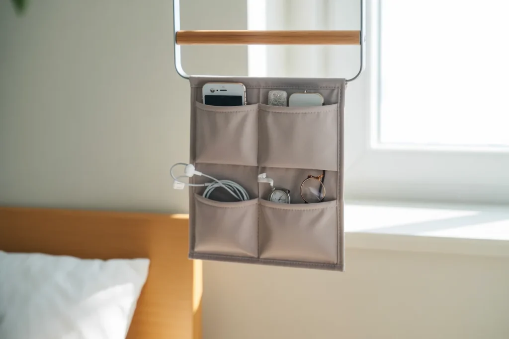 Bedside hanging organizer with phone and accessories,
