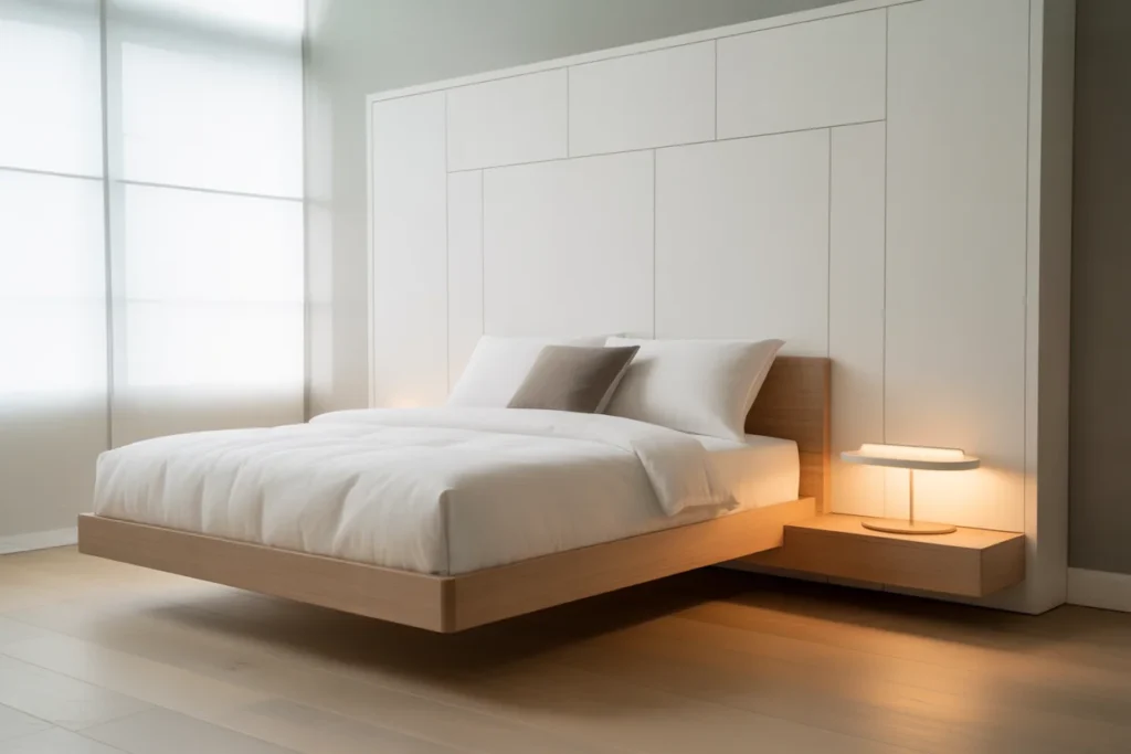 Minimal clean bedroom Murphy bed, soft lighting