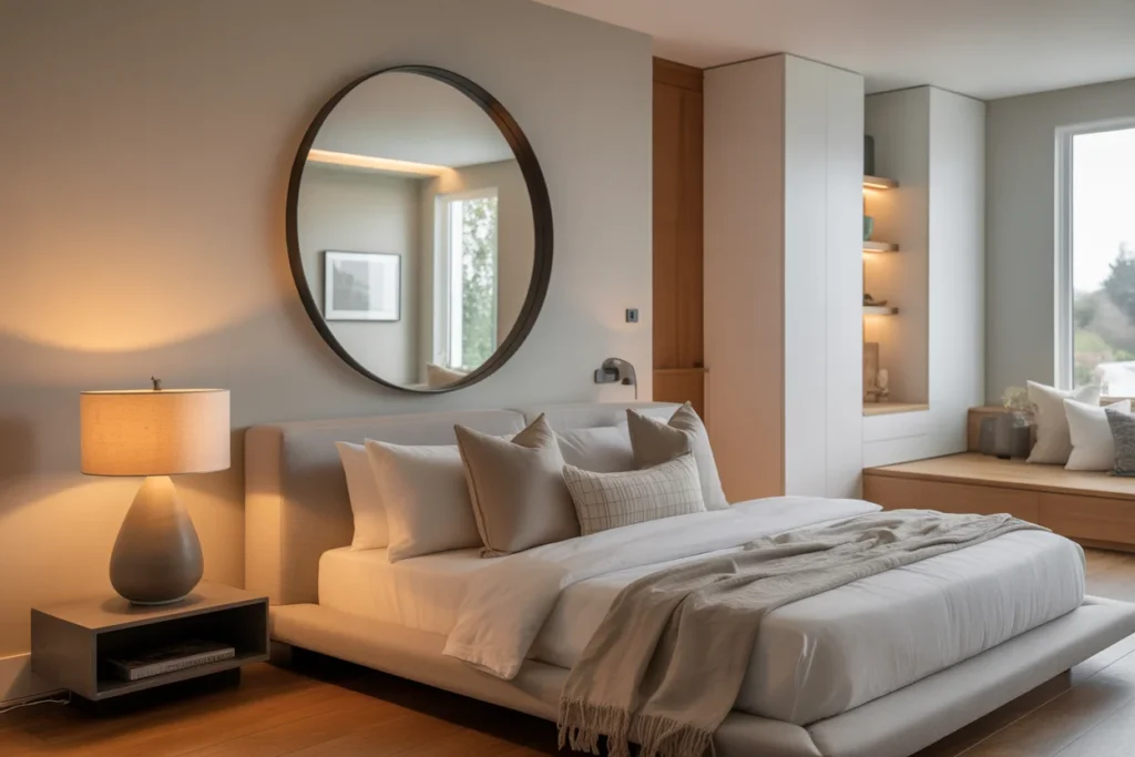  Stylish bedroom with decorative mirror, soft lighting