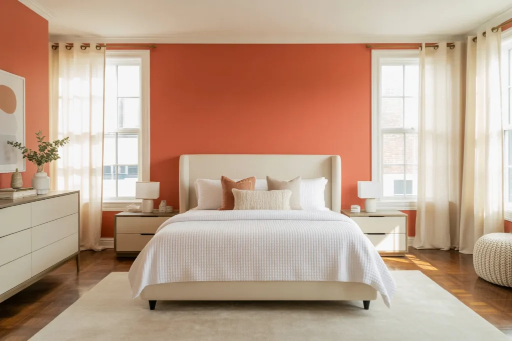 Coral accent wall bedroom with white decor