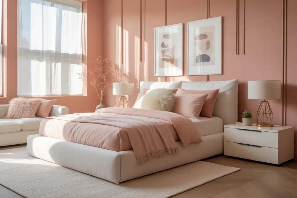 Rosey pink bedroom with soft decor, modern USA aesthetic