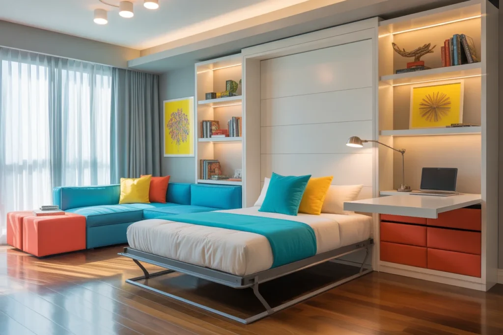 Energetic small bedroom Murphy bed setup, bright accents