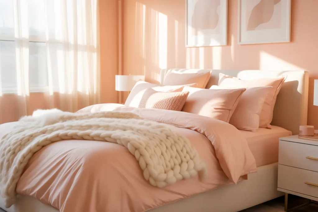 Peach bedroom with soft bedding, airy decor