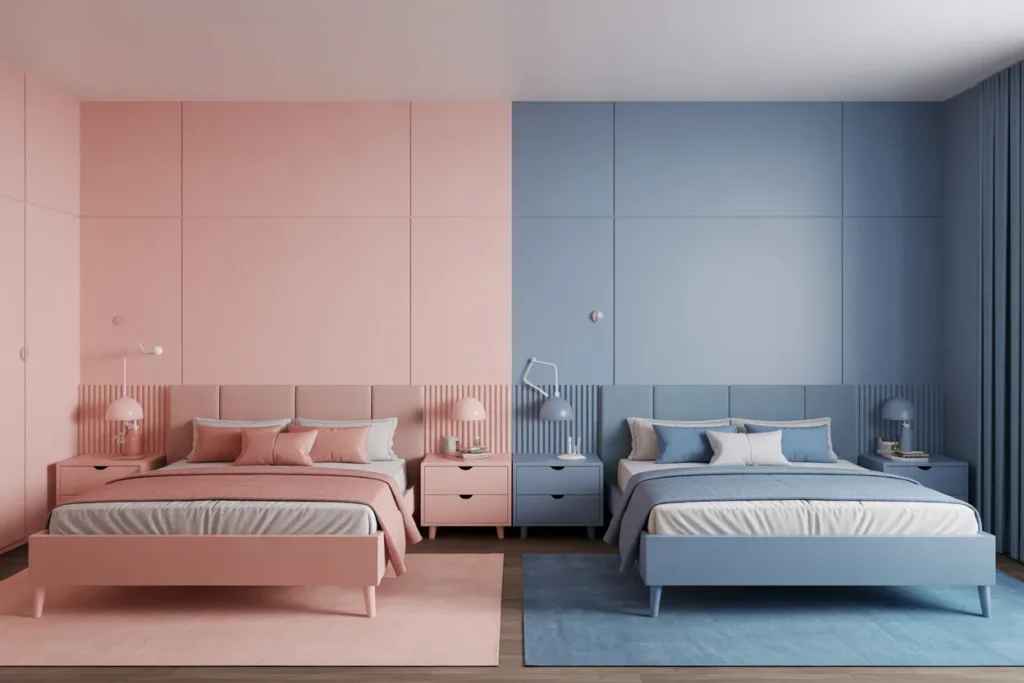 split bedroom design for sisters, two color themes