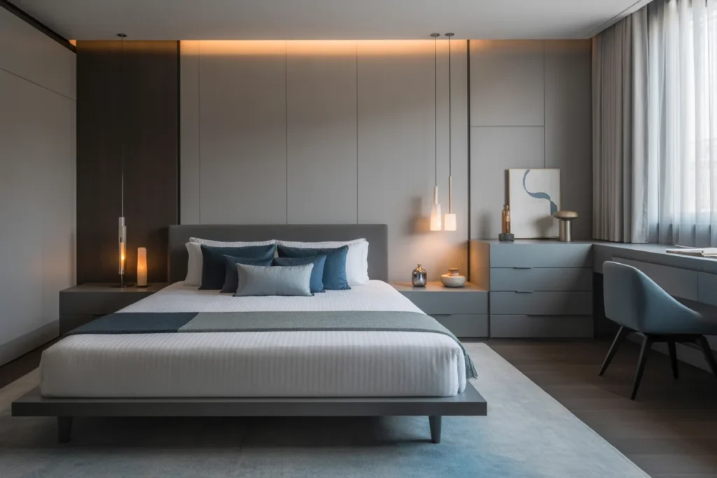 Gray and blue modern bedroom with sleek furniture