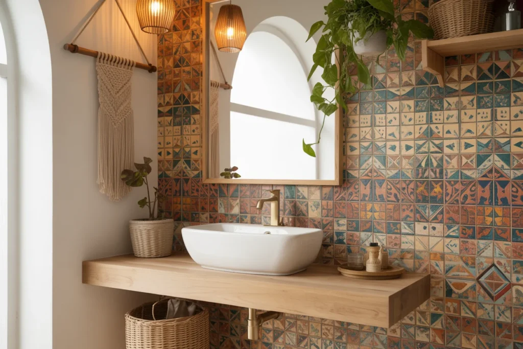 patterned tile bathroom, boho style