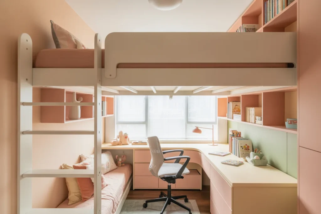 loft beds for kids room, study desk underneath