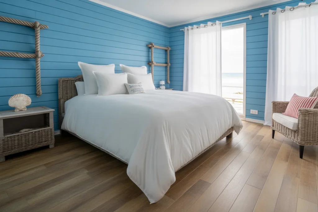Azure blue bedroom with coastal decor,