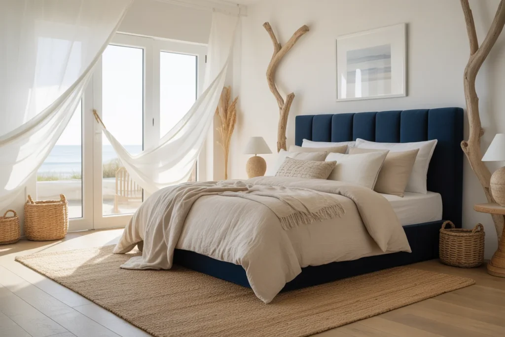 Coastal bedroom with navy blue and sand tones, airy decor